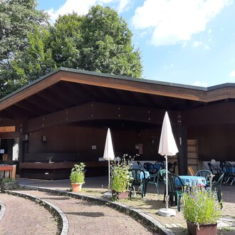 © Kulturcafe Riezlern | Veronika Senn Ein gemütliches Restaurant mit einer Holzfassade und einer einladenden Terrasse. Es sind Tische und Stühle im Freien sichtbar, umgeben von Pflanzen. | © Kulturcafe Riezlern | Veronika Senn