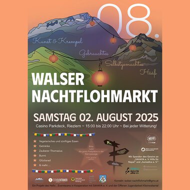 Ein farbenfrohes Plakat für den Walser Nachtflohmarkt. Es zeigt Informationen über Kunst, Essen und Aktivitäten, die am 2. August 2025 stattfinden. | © Christina Elsässer