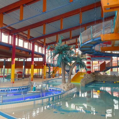 Ein modernes Freizeitbad mit einem großen Wasserbecken und verschiedenen Rutschen. Palmen sorgen für ein tropisches Ambiente. | © Wonnemar Sonthofen | interSPA Gruppe