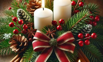 Ein festlicher Adventskranz mit zwei weißen Kerzen und einer roten Schleife. Umgeben von Tannenzweigen, Tannenzapfen und roten Beeren. | © KI generiert