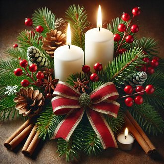 © KI generiert Ein festlicher Adventskranz mit zwei weißen Kerzen und einer roten Schleife. Umgeben von Tannenzweigen, Tannenzapfen und roten Beeren. | © KI generiert