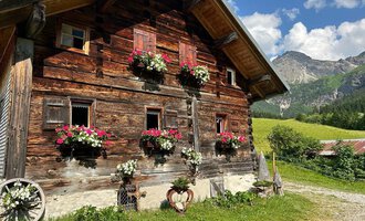 Ein traditionelles Holzhaus mit blühenden Fenstern und einem malerischen Hintergrund von Bergen. Die Umgebung ist grün und freundlich, ideal für ländliche Idylle. | © Jennifer Opitz