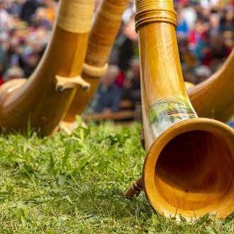 © Kleinwalsertal Tourismus | Frank Drechsel Drei Holzblasinstrumente liegen auf dem Gras. Im Hintergrund sind viele Menschen zu sehen, die ein Fest verfolgen. | © Kleinwalsertal Tourismus | Frank Drechsel