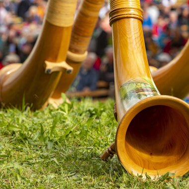 Drei Holzblasinstrumente liegen auf dem Gras. Im Hintergrund sind viele Menschen zu sehen, die ein Fest verfolgen. | © Kleinwalsertal Tourismus | Frank Drechsel