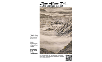 A work of art by Christina Elässer depicts a fascinating scene with mountains and mist. The drawing combines graphic details and artistic elements.