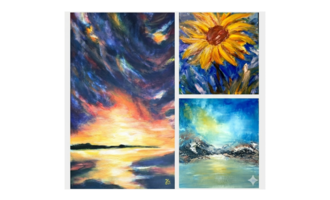 Drei lebendige Gemälde sind abgebildet. Links ein farbenfroher Sonnenuntergang, rechts eine strahlende Sonnenblume und unten ein ruhiges Landschaftsbild mit Bergen und klarem Himmel. | © Dr. Jürgen Körnlein