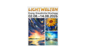 Eine bunte Kunstausstellung mit verschiedenen abstrakten Gemälden. Die Veranstaltung findet vom 02. bis 14. August 2026 in der Evangelischen Kreuzkirche Hirschgegg statt.