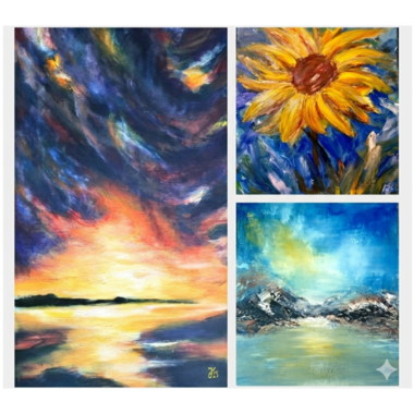 Three vivid paintings are depicted. On the left a colorful sunset, on the right a radiant sunflower, and below a tranquil landscape with mountains and a clear sky. | © Dr. Jürgen Körnlein