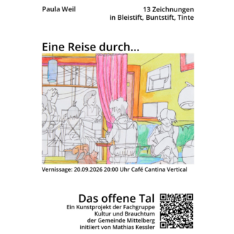 A colorful artwork collage featuring several people in a café. The title and details about the opening are clearly visible.