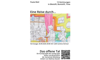 A colorful artwork collage featuring several people in a café. The title and details about the opening are clearly visible.