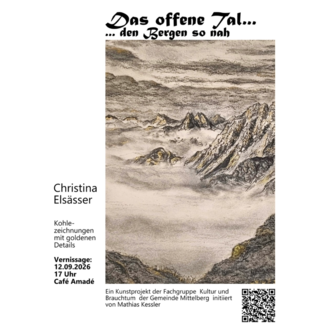 An invitation to the exhibition titled "The Open Valley... so close to the mountains". The drawing depicts a mountain landscape with fog and details in gold.