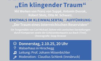 Ein Plakat für ein Benefiz-Galakonzerte mit dem Titel „Ein klingender Traum“. Das Event findet am 2. Oktober 2025 in Walserhaus in Hirschegg statt und präsentiert Werke von bekannten Komponisten. | © Euregio Blasorchester