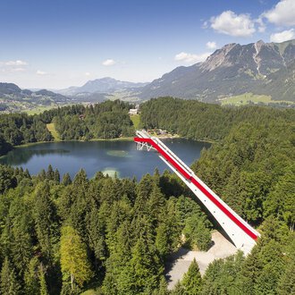 Eine beeindruckende Aussichtsbrücke über einen klaren See, umgeben von grünen Wäldern und Bergen. Der Himmel ist blau mit einigen Wolken.