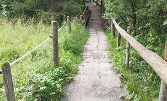 Ein schmaler Weg aus Steinen führt durch grünes Gras und strauchige Bäume. Am Ende des Weges ist eine Holzbrücke sichtbar. | © Nicole Lughammer