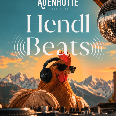 A chicken stands as a DJ with headphones and sunglasses in front of a mixing console. In the background, majestic mountains and a clear sky can be seen.