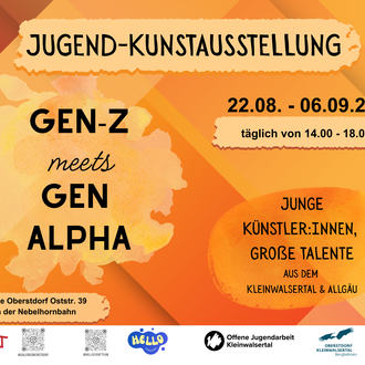 An invitation to the youth art exhibition "GEN-Z meets GEN ALPHA". The exhibition will take place from August 22 to September 6, 2026, daily from 2.00 p.m. to 6.00 p.m.