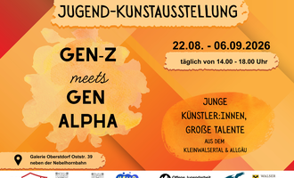 An invitation to the youth art exhibition "GEN-Z meets GEN ALPHA". The exhibition will take place from August 22 to September 6, 2026, daily from 2.00 p.m. to 6.00 p.m.