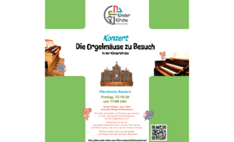 A colorful poster for a concert titled "The Organ Mice Visit". It features images of organs and contains information about the date and time of the event.