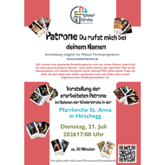 Ein buntes Plakat für ein Kinderferienprogramm. Es thematisiert Namen und ihre Bedeutung, mit Informationen zur Anmeldung. | © Pfarrverband Kleinwalsertal