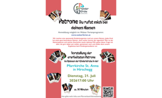 Ein buntes Plakat für ein Kinderferienprogramm. Es thematisiert Namen und ihre Bedeutung, mit Informationen zur Anmeldung. | © Pfarrverband Kleinwalsertal