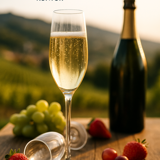 © KI generiert A champagne glass sits on a wooden table, surrounded by fresh strawberries and grapes. In the background, a bottle of champagne and a picturesque landscape can be seen. | © KI generiert
