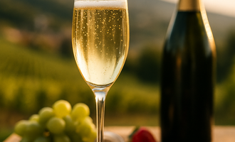 A champagne glass sits on a wooden table, surrounded by fresh strawberries and grapes. In the background, a bottle of champagne and a picturesque landscape can be seen. | © KI generiert