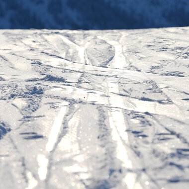 Eine schneebedeckte Fläche mit Skispuren. Das Licht reflektiert auf der glatten Oberfläche. | © Kleinwalsertal Tourismus | Frank Drechsel