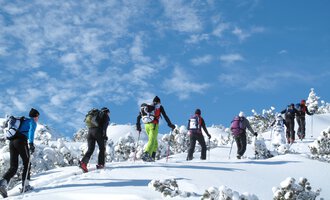 A group of people is hiking through snow-covered landscapes. The sky is clear and blue. | © Kleinwalsertal Tourismus | Frank Drechsel