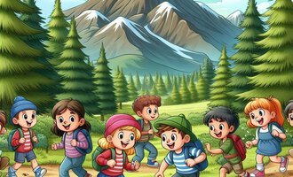 Eine Gruppe fröhlicher Kinder wandert auf einem Pfad durch einen Wald. Im Hintergrund sind hohe Berge und ein klarer blauer Himmel sichtbar. | © Breitachklammverein eG | Dominik Berchtold