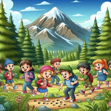 A group of cheerful children is hiking along a forest path, surrounded by tall fir trees and majestic mountains. The sky is clear and blue, making the scene vibrant and inviting. | © Breitachklammverein eG | Dominik Berchtold