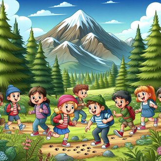© Breitachklammverein eG | Dominik Berchtold Eine Gruppe von fröhlichen Kindern wandert auf einem Pfad durch einen Wald. Im Hintergrund sind hohe Berge und ein klarer Himmel zu sehen. | © Breitachklammverein eG | Dominik Berchtold