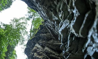 An impressive rock formation with a waterfall, surrounded by green trees. The view is upward, the sky is cloudy. | © Breitachklammverein eG | Dominik Berchtold