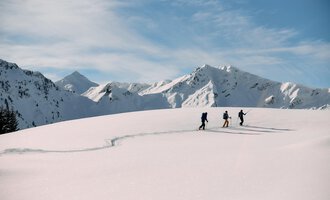 Ein Skifahrer in einem blauen Anzug fährt durch frischen, pulvrigen Schnee. Im Hintergrund sind schneebedeckte Berge und ein klarer blauer Himmel zu sehen. | © Kleinwalsertal Tourismus | Oliver Farys