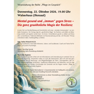 Ein Veranstaltungsplakat über ein Gespräch zum Thema mentale Gesundheit und Resilienz. Es zeigt Informationen zu Datum, Uhrzeit und Ort der Veranstaltung.