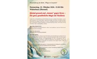 Ein Veranstaltungsplakat über ein Gespräch zum Thema mentale Gesundheit und Resilienz. Es zeigt Informationen zu Datum, Uhrzeit und Ort der Veranstaltung.