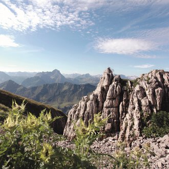 An impressive mountain landscape with rugged rocks and majestic mountains in the background. The sky is clear and the surroundings are characterized by green vegetation. | © Kleinwalsertal Tourismus eGen | Frank Drechsel