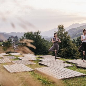Two women are practicing yoga on wooden platforms in a green meadow. In the background, mountains and a picturesque landscape can be seen.