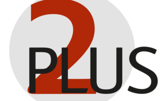 Ein einfaches und modernes Logo mit der Zahl "2" in Rot und dem Wort "PLUS" in schwarzer Schrift. Der Hintergrund ist rund und grau.