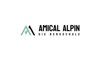 Ein modernes Logo für die Bergschule Amical Alpin. Es enthält geometrische Formen und klare Schriftzüge.