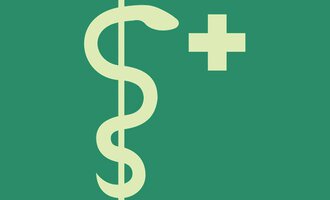 Ein grafisches Symbol, das ein Dollarzeichen mit einem medizinischen Kreuz kombiniert. Es vermittelt Gesundheits- und Finanzthemen.