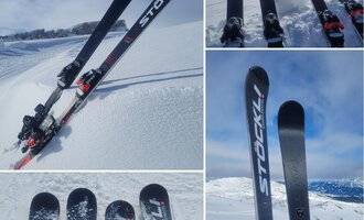 Ski und Ausrüstung liegen auf frischem Schnee in den Bergen. Der Himmel ist klar und blau, ideal für einen Skitag. | © Austrian Ski- & Service Ranch | Trixi Leitner