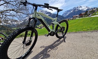 A modern mountain bike is standing on a path with a view of the mountains. In the background, there are green meadows and small houses visible. | © Austrian Ski- & Service Ranch | Trixi Leitner