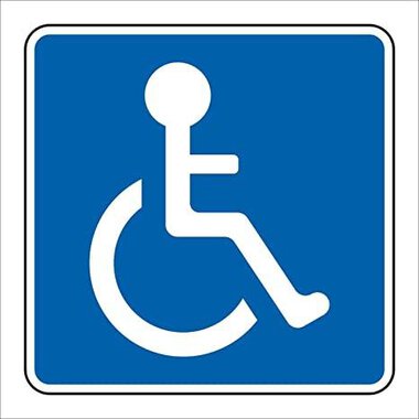 A symbol for accessibility. It shows a person in a wheelchair on a blue background.