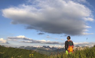 Eine Person steht auf einer Wiese und blickt auf die Berge. Der Himmel ist blau mit einigen Wolken. | © Kleinwalsertal Tourismus | Louisa Hieke