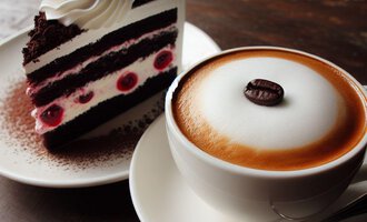 Ein Stück Schokoladentorte mit Kirschen und Sahne neben einer Tasse Kaffee mit cremigem Schaum. Perfekte Kombination für eine süße Pause. | © KI erstellt