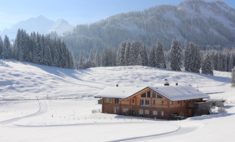 Ein wunderschönes Holzhaus in einer schneebedeckten Landschaft. Im Hintergrund stehen hohe Berge und üppige Tannenbäume.