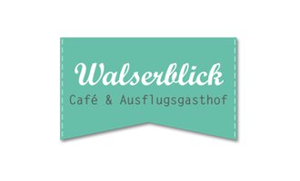 Ein einfaches Logo für das Café "Walserblick". Es zeigt den Namen und die Beschreibung als Ausflugs-gasthof auf einem türkisfarbenen Hintergrund.
