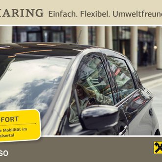 © Walser Raiffeisen Holding | Caruso A modern urban area with a black car and a woman looking at her phone. The text emphasizes the benefits of car sharing: simple, flexible, and environmentally friendly. | © Walser Raiffeisen Holding | Caruso