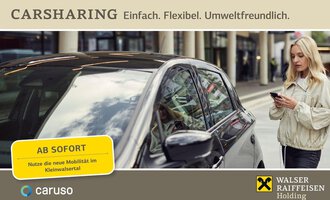 A modern urban area with a black car and a woman looking at her phone. The text emphasizes the benefits of car sharing: simple, flexible, and environmentally friendly. | © Walser Raiffeisen Holding | Caruso