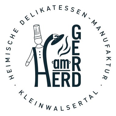 A logo of a delicatessen manufactory featuring a chef symbol. The name "GER am HERD" is at the center, surrounded by additional information. | © Gerd am Herd | Gerd Hammerer Logo
